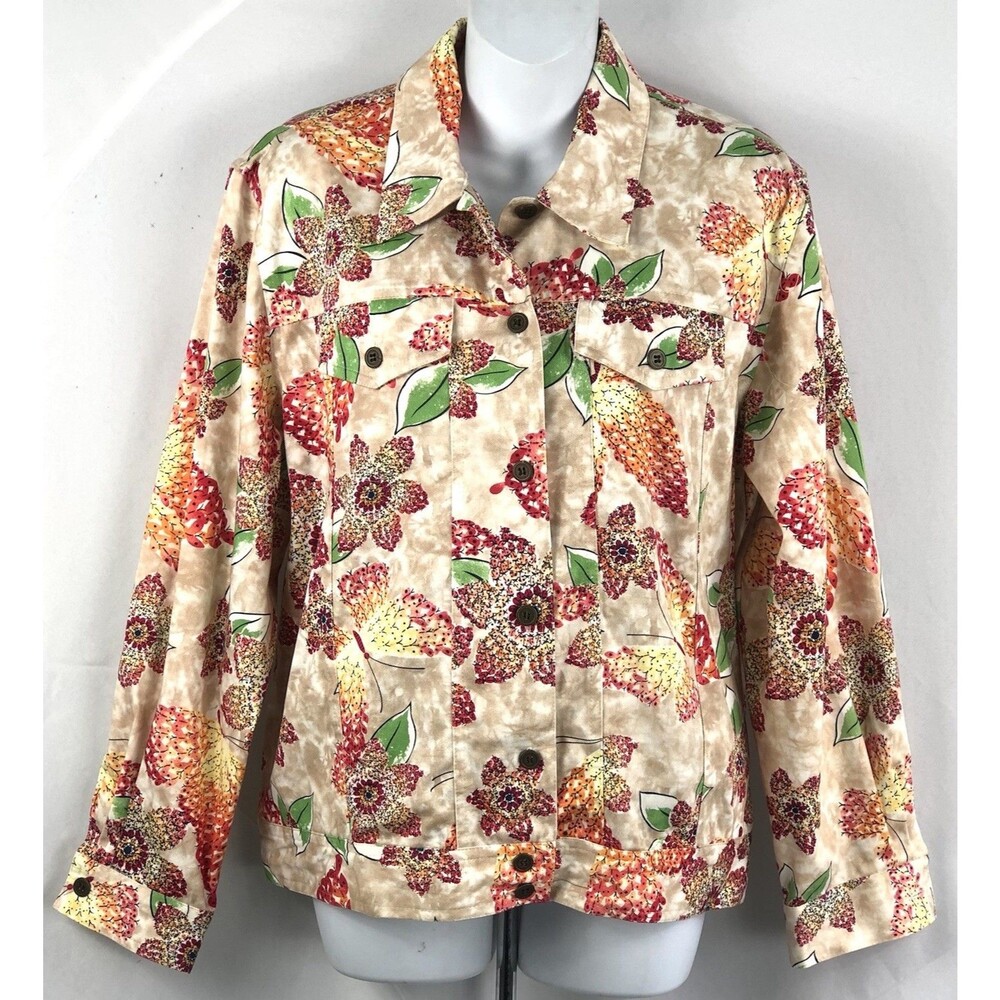 Alfred Dunner Jacket 14P Orange Floral Butterfly Colorful ButtonUp Cottage Fun